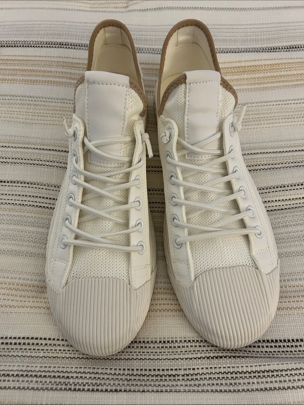Men's White Sneakers with Tan Trim — Low-Top Lace-Up